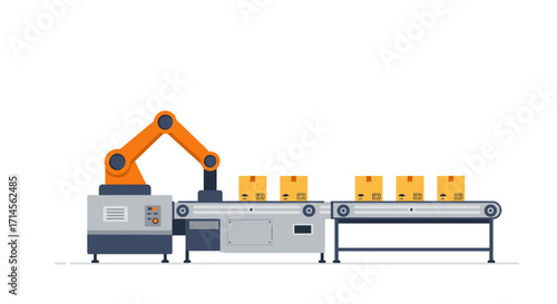 Robotic arm sorting packages on conveyor belt in modern factory setting