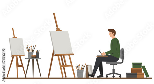 Artist with canvas and easels in studio scene