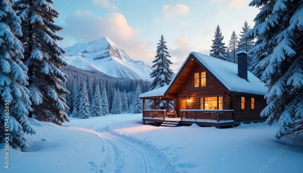 Naklejka premium A cozy cabin nestled in a snowy winter wonderland, perfect for a peaceful and relaxing holiday getaway Enjoy the serene atmosphere and breathtaking scenery , holiday, comfort