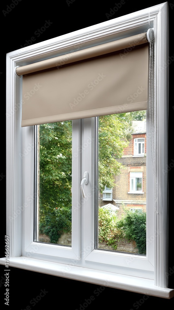 Fototapeta premium Bright view through a clean window with beige roller blind showcasing a garden outside on a sunny day in a residential area