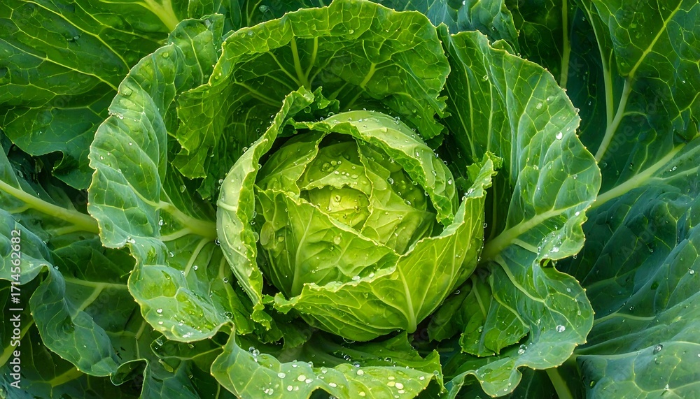Fototapeta premium Close-up view of a vibrant, fresh head of cabbage, showcasing detailed leaf textures and glistening water droplets.
