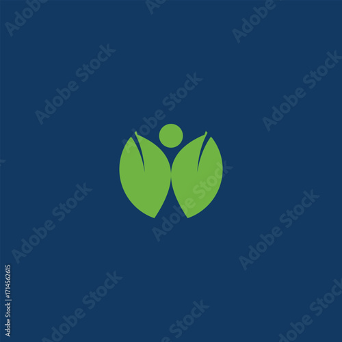  figure formed by green leaves and a circle on a navy background