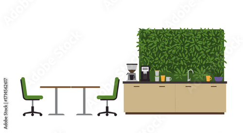 Modern office coffee station with green wall and seating