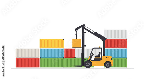 Warehouse forklift stacking containers in flat design for logistics and shipping