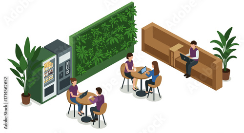 Modern office lounge with people working on laptops in cozy seating area
