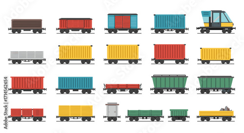 Collection of flat train cars in various colors and styles for industrial design