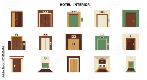Retro hotel icons set featuring elevators and doors with mid-century modern design