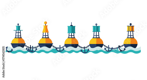 Colorful nautical buoys in a row over waves with anchors in flat design