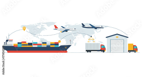 Global logistics and transportation concept with ships, trucks, and airplanes