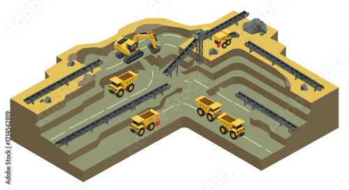 Isometric mining scene with excavators, dump trucks, and conveyor belts