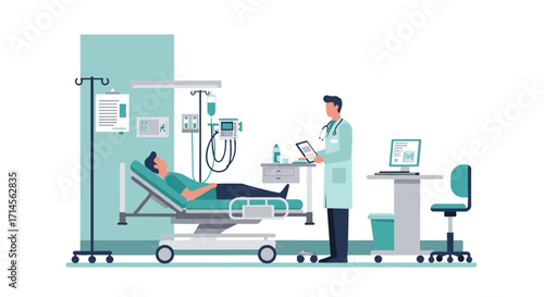 Modern hospital scene with doctor and patient in minimalist style
