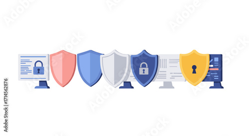 Flat cybersecurity concept with shields and computers