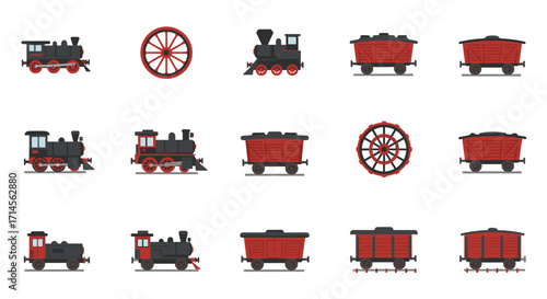 Vintage train icons set featuring locomotives and wagons in flat design style