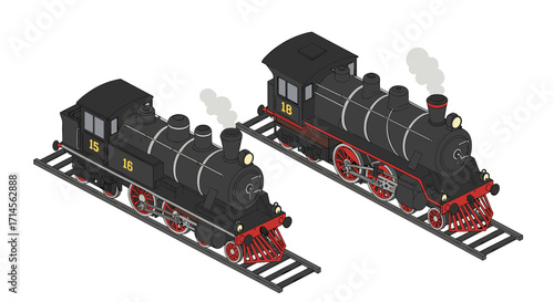 Isometric vintage steam trains on tracks with detailed machinery design