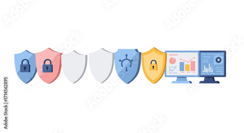 Cybersecurity shields and data visualization on monitors in flat style
