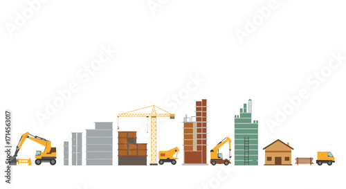 Construction site progression with machinery and building icons on white background