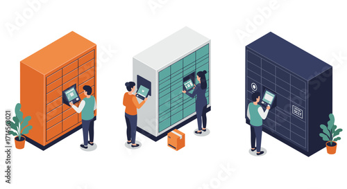 Isometric parcel lockers with people accessing digital displays in various colors