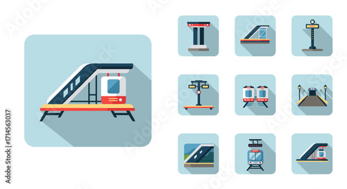 Flat design train icons set: modern railway station and transportation elements