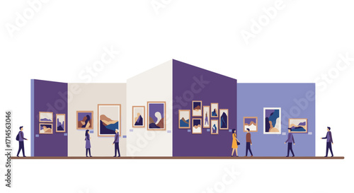 Minimalist art gallery with abstract paintings and visitors in flat style
