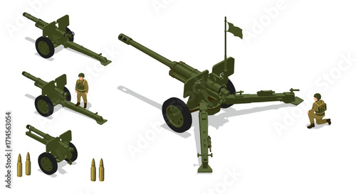 Isometric military artillery cannon with soldiers and ammunition set on white background