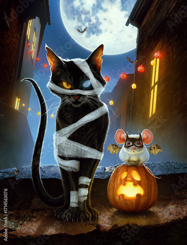 Mummy cat and mouse in batman costume in the night city with halloween decorations