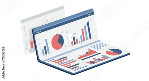 Modern isometric analytics dashboard with interactive graphs and charts