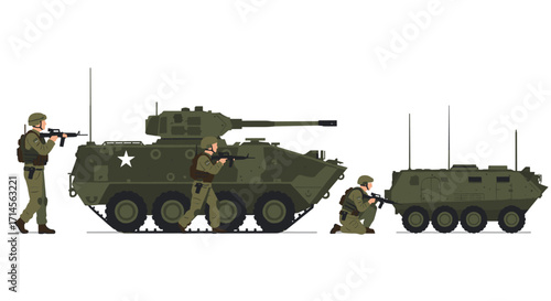 Military vehicles and soldiers in flat art style for defense concepts