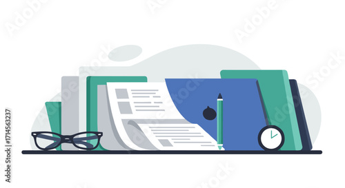 Organized workspace with documents and office supplies in modern flat design
