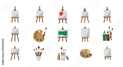 Artistic tools set with easels, palettes, paints, and brushes in flat design