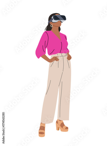 Vector illustration of stylish woman wearing virtual reality headset, pink blouse, beige wide-leg pants and heels, exploring VR technology, modern digital lifestyle isolated on transparent background