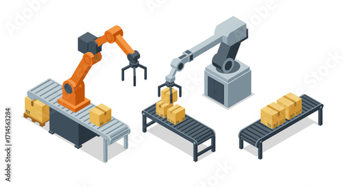 Isometric factory robotics with conveyor belt and mechanical arms in modern industrial warehouse