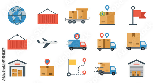 Flat style logistics icons: shipping, delivery, global trade, freight transport