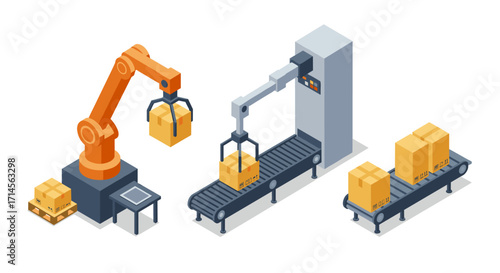Automated packaging line with robotic arms and conveyor belts in isometric style