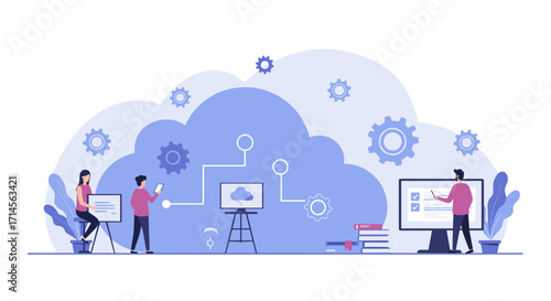 Collaborative cloud computing concept with team and gear icons in a flat design