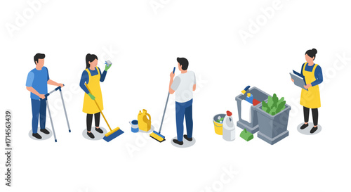 Isometric cleaning team with equipment and supplies