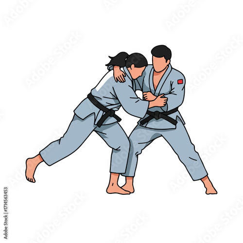 Two judo athletes in a dynamic stance are practicing a throw, depicted in a clean 2D flat vector illustration against a stark plain white background.