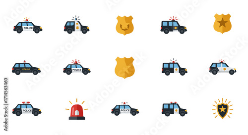 Police vehicles and badges set with siren icons in flat design