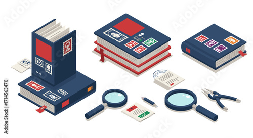 Isometric stamp collecting books and tools with magnifying glasses and envelopes