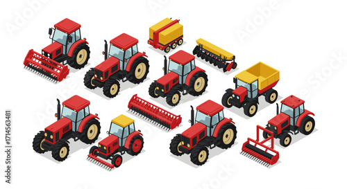 Isometric red farm equipment collection featuring tractors and attachments