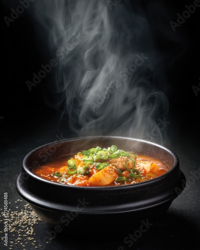 Kimchi Stew in Black Ceramic Bowl. kimchi jjigae