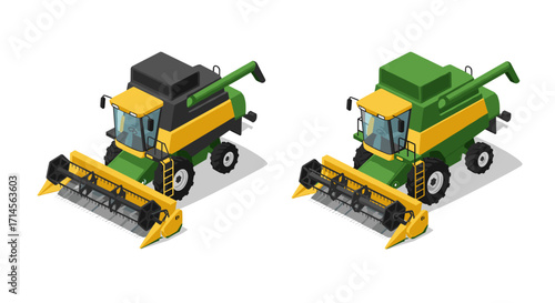 Colorful isometric combine harvester machines for farming and agriculture