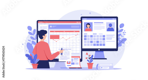 Businessman analyzing data on monitors in a home office