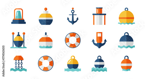 Colorful nautical icons collection: buoys, anchors, lifebuoys in modern flat design