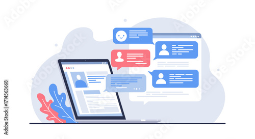 Online communication concept with chat bubbles and laptop in flat design