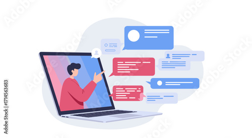 Online communication concept with man interacting through laptop and chat bubbles
