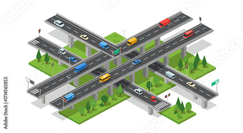 Isometric highway overpass with cars and trucks in urban setting