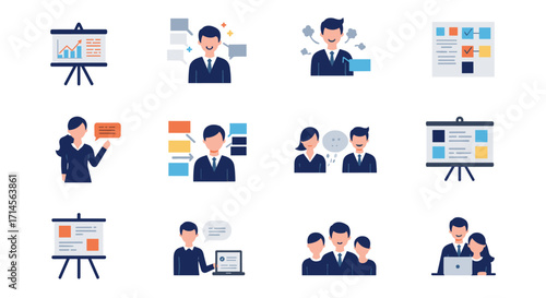 Business presentation icons in flat style with businesspeople and charts