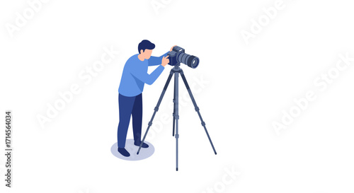 Isometric photographer with camera on tripod in action on white background