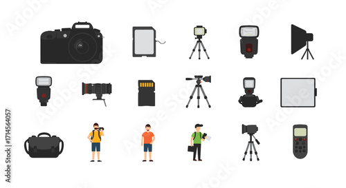 Photography gear icons set featuring cameras, lenses, and accessories
