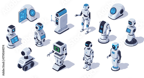 Futuristic robots collection: diverse isometric designs of intelligent machines
